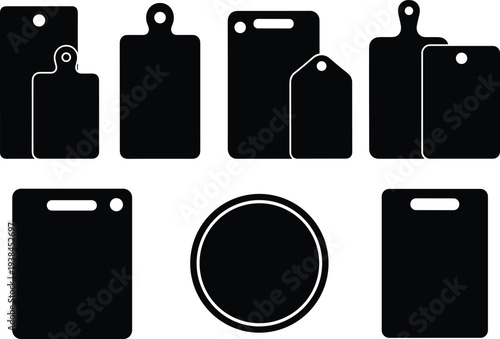 Wooden cutting board silhouette icon set featuring various shapes for kitchen cooking food preparation restaurant menu design culinary arts catering equipment and home chef utility isolated on white b