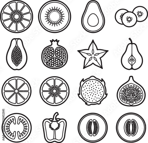 A vibrant arrangement showcases a diverse array of fresh, healthy fruits and vegetables in a line art style, perfect for illustrating nutritional concepts or culinary themes.