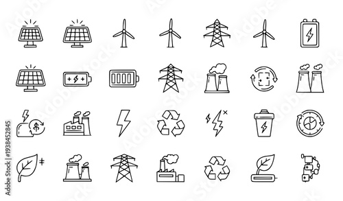 A set of eco-friendly energy icons in a minimalist line art style
