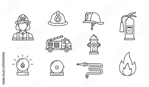 A set of firefighting icons and symbols in a minimalist line art style