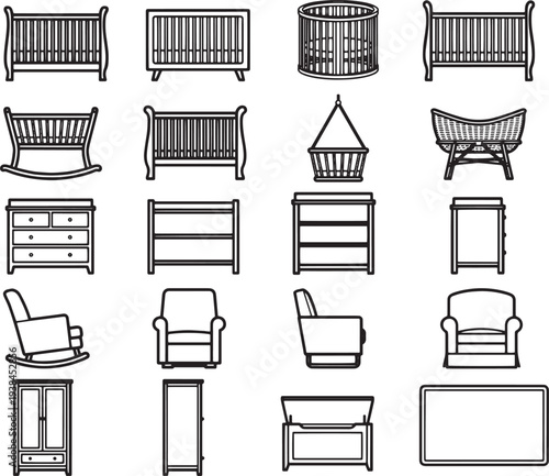 An array of baby furniture and equipment arranged in a tidy collection. Designed for the arrival of a little child, this image is perfect for new parents.