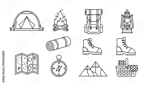 A set of camping icons including a tent, campfire, and hiking gear