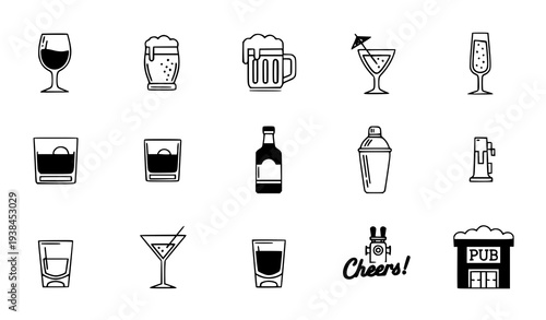 A set of black and white vector icons depicting various alcoholic beverages and a pub