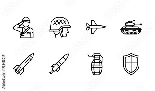 A set of military icons including soldiers, helmets, and weapons in a flat design style