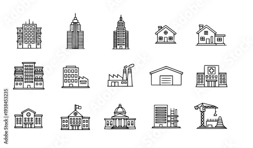 A set of black and white line art illustrations of various buildings and structures