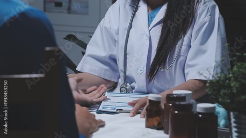 Doctor using stethoscope take a tap on the patient's arm and pressing pressure gauge button.