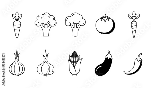 A set of black and white vector icons depicting various vegetables