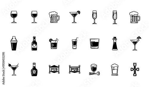 A set of black and white vector icons depicting various alcoholic beverages and pub symbols