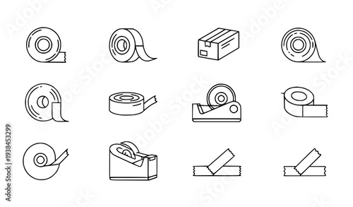 A set of minimalist line art icons depicting various tape dispensers and rolls