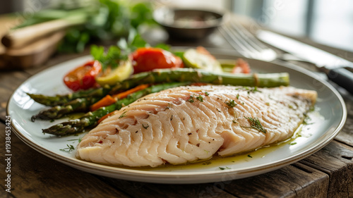 Delicious fish fillet with asparagus and tomatoes on plate