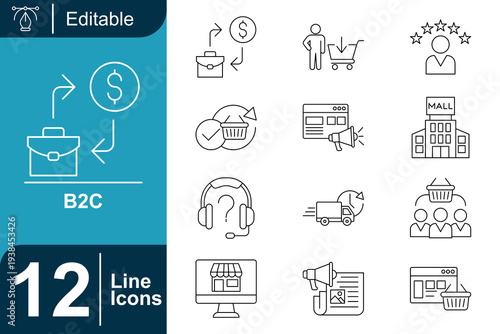 B2C Business Line Icons Set Representing Customer Service, E-commerce, Marketing, and Sales Processes for Business Development and Strategy