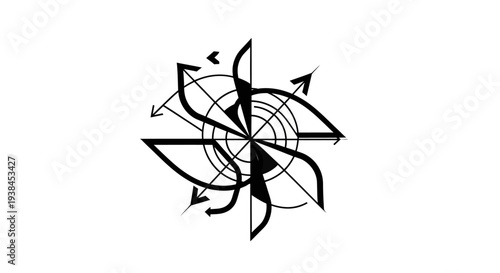 Black and white abstract compass symbol.
