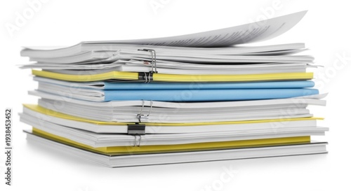 Stack of documents with paper clip. Corporate paperwork and office supplies. Data organization and administrative task management. Archivist archive filing for business information project.