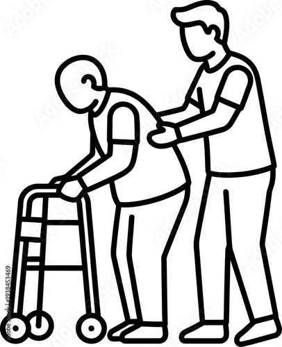 Man assisting a senior man with a walker, health and mobility aid concept. Vector line illustration for medical design, elderly care icon.