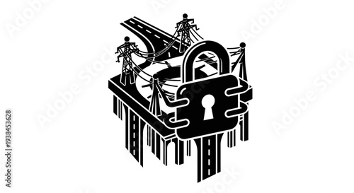 Black and white cityscape with padlock.