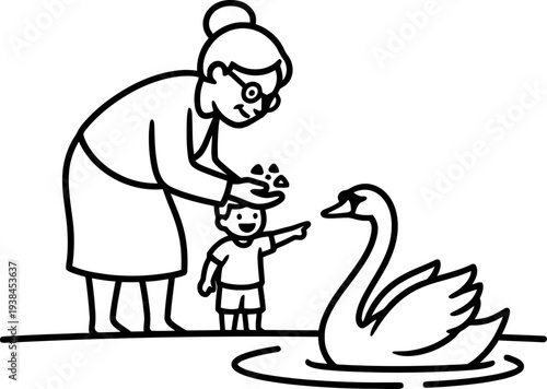 Woman grandmother and kid feeding swan on lake. Grandchild with grandparent sharing bread. Family outdoors activity. Vector illustration for coloring book