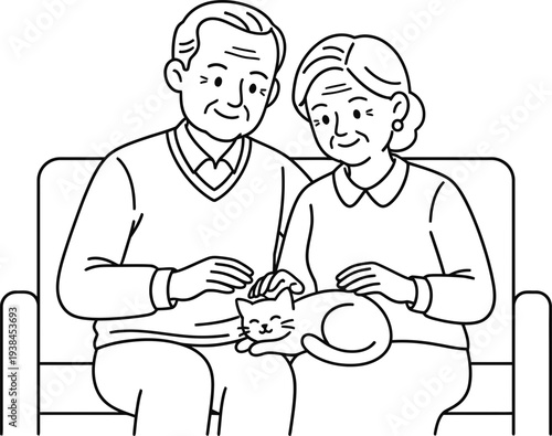 Senior man and woman with cat sitting on sofa. Elderly couple hugging pet. Concept of pet adoption, family love, care. Line art vector illustration for coloring book