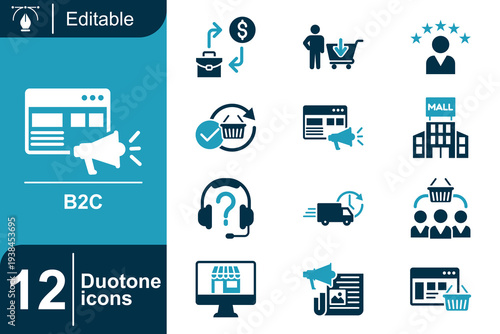 B2C business icons collection showcasing online shopping, customer service, marketing, and e-commerce strategies for business growth and customer engagement