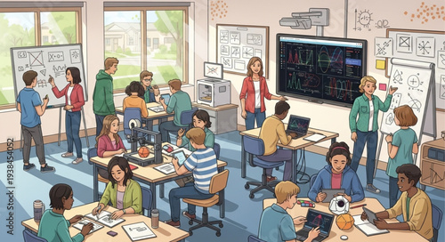 Classroom Scene with Students and Teacher Engaged in Learning.