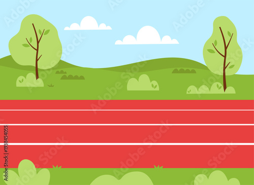 Vector cartoon background of a red running track in a peaceful green park. Summer landscape with grass, trees and clouds under a blue sky. Empty outdoor stadium.