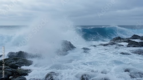 Dramatic ocean waves crashing against dark rocks under an overcast sky