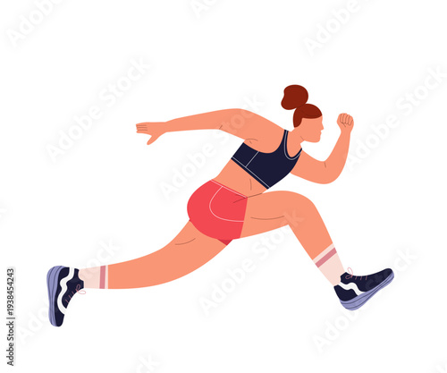 Flat illustration of a woman running fast. Female athlete in sportswear sprinting during a workout or race. Isolated character for sports, fitness, healthy active lifestyle.