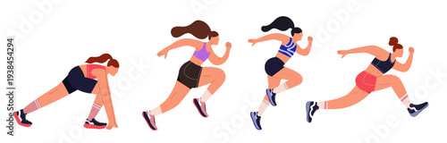Collection of women running. Female athletes in sportswear in different positions: starting, sprinting and jogging. Isolated characters bundle for sports and health.