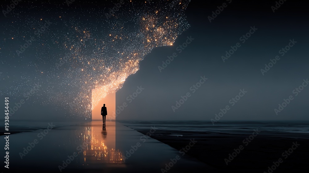 Obraz premium Lonely silhouette standing on wet surface against glowing city lights in thick fog