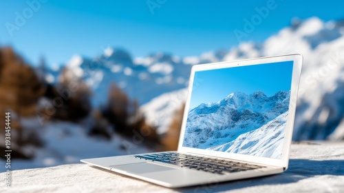 Laptop Mockup Displaying Mountain Panorama in Snow