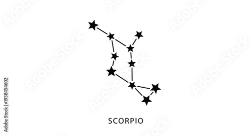 Clear diagram of the Scorpio zodiac constellation showing stars connected by lines and the Scorpio name label on a minimalist white background.