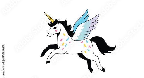 Magical white unicorn pegasus with a golden horn and colorful wings flies through the clear white sky in a whimsical fairy tale fantasy world.