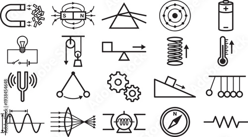 A collection of black and white science-related icons, each illustrating a different scientific principle or concept. 
