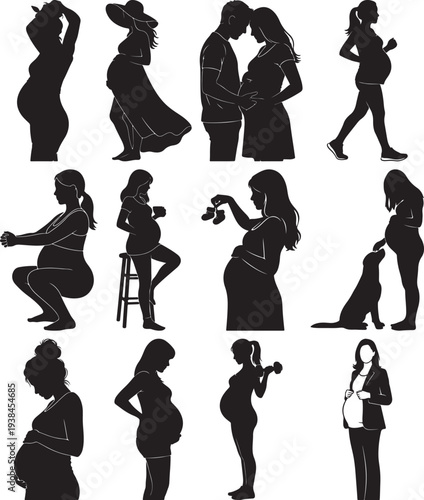 Pregnant women in various poses and activities pregnant black silhouette pregnancy