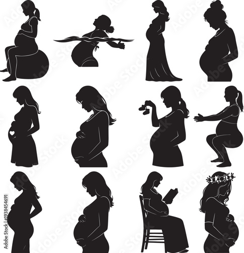 Pregnant women in various poses and activities pregnant black silhouette pregnancy 1