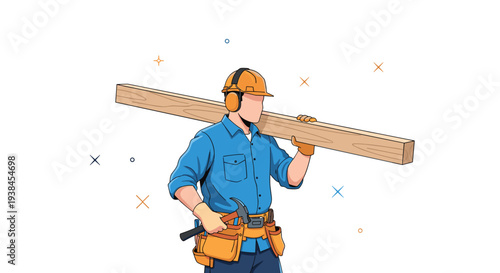 Professional construction worker carrying a long wooden timber plank on his shoulder while wearing a hard hat and protective safety equipment.