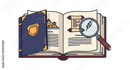 Open Book with Magnifying Glass and Files.