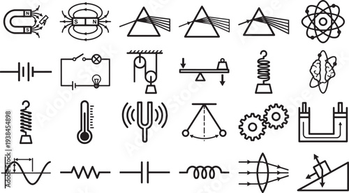 A visual collection of physics and science symbols, perfect for educational materials and scientific diagrams.