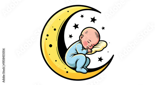 A cartoon baby sleeping peacefully isolated on transparent background with a crescent moon