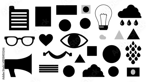 Collection of various simple black and white vector icons and graphic design elements for web and app interfaces, isolated on white.