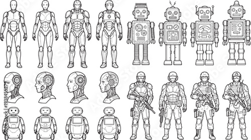 Line art illustration of a series of robots and soldiers. 