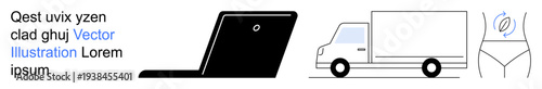 Remote work, transportation, health awareness, logistics, technology, e-commerce. Laptop, truck and human body lines in simple design. Remote work and transportation concept