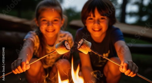 Girl and boy roasting marshmallow over campfire at night. Children enjoying outdoor activity during summer camping trip. Friendship and happy childhood memory near glowing bonfire flame.