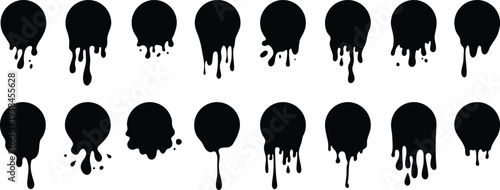 Black paint blots collection of vector icons. Cartoon paint splatters and ink splashes. Grunge splatters Abstract ink splash text banners. Blotter spots, liquid paint drip drop splash and Ink drops