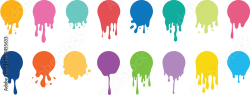 Paint splatter colorful set. Round splash flat collection, decorative shapes liquids. Different splashes and drops, cartoon spatters. Stain colored ink collection. Isolated vector illustration