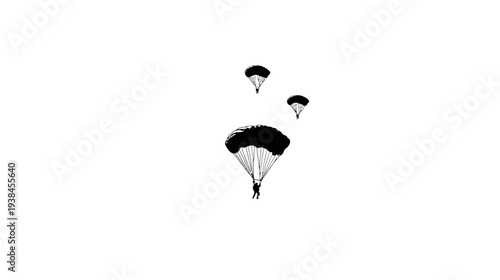 Three parachutists descending through the sky, engaging in thrilling extreme sports and aerial adventure.