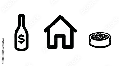 Outline vector icons: Household expenses, financial planning, home budget, pet care costs, and cost of living concept.