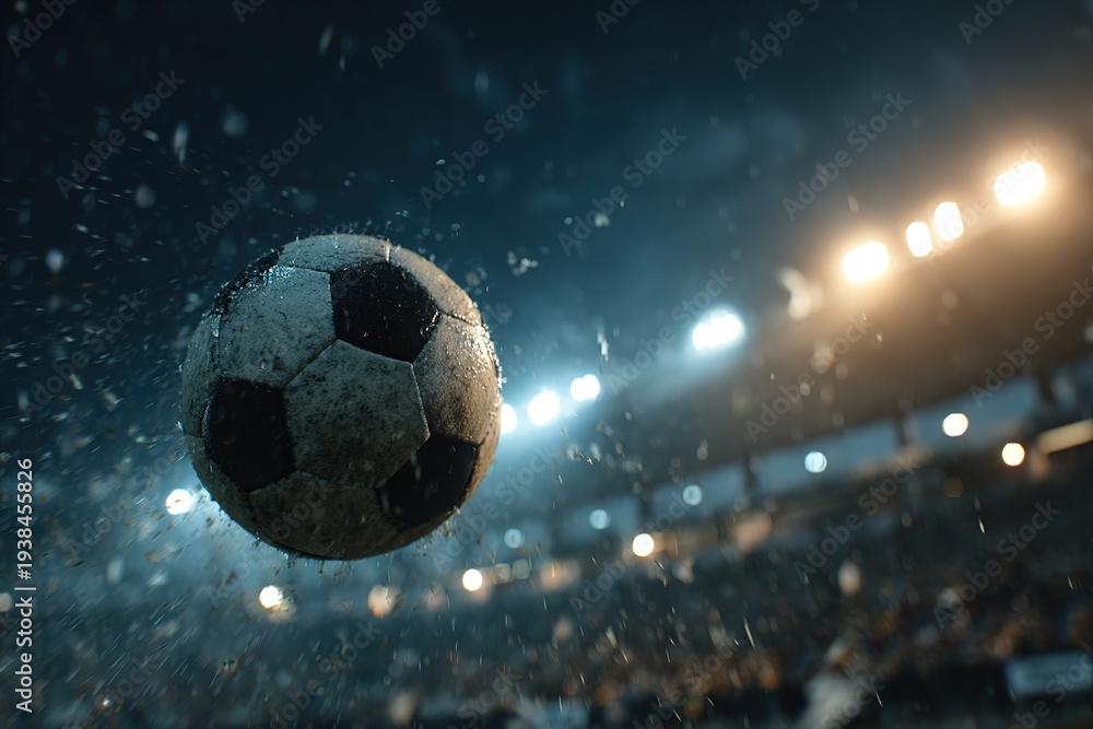 Fototapeta premium Dynamic action shot of a soccer ball flying through the air at a stadium