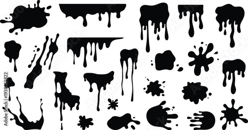 Ink drops and splashes. Blotter spots, liquid paint drip drop splash and ink splatter. Artistic dirty grunge abstract spot vector set