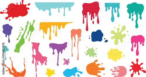 Paint splatter colorful set. Round splash flat collection, decorative shapes liquids. Different splashes and drops, cartoon spatters. Stain colored ink collection. Isolated vector illustration