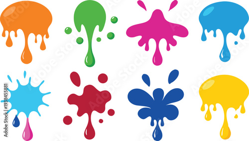 Set of colorful splashes. Bright spots, paint, set of design elements. Paint splatter colorful set. Round splash flat collection, decorative shapes liquids. Different splashes and drops